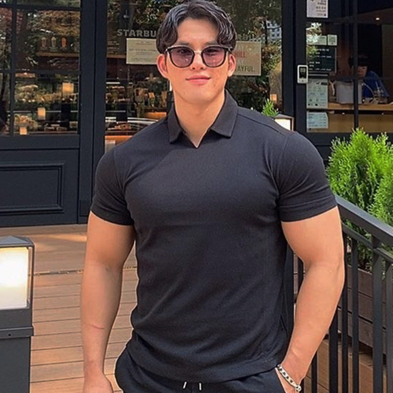 Lapel Solid Color Stretch Slim Fit Short Sleeve Fitness Suit For Men - WOMONA.COM