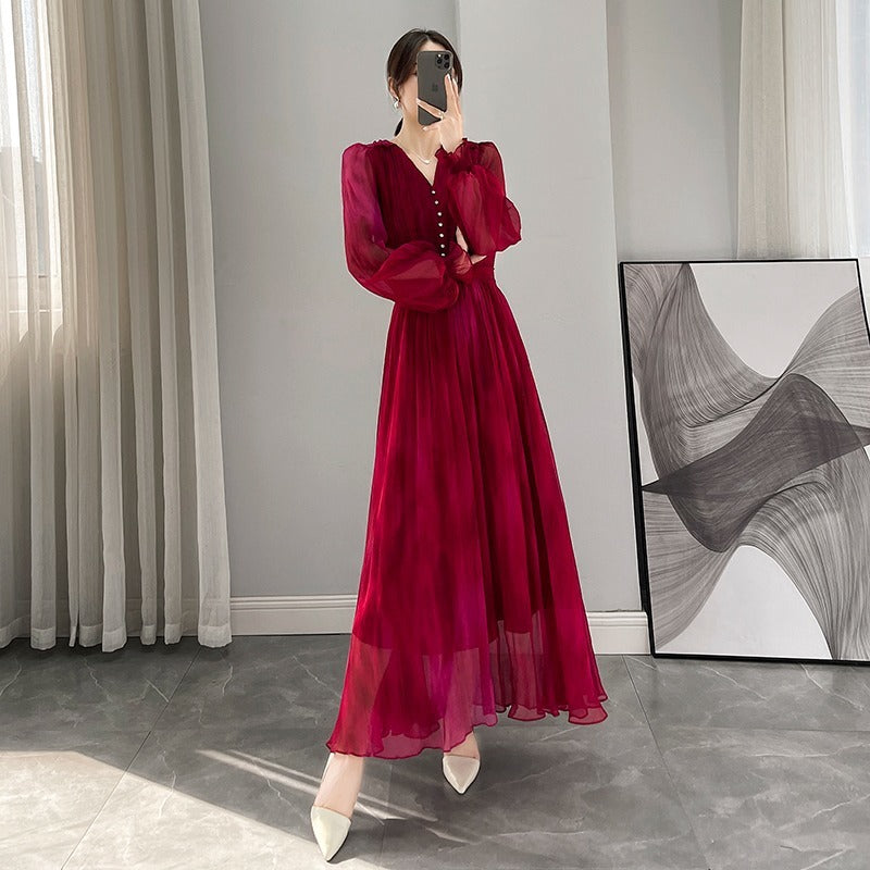 Waist-tight Elegant Lantern Sleeve Beach Vacation Rose Red Dress - WOMONA.COM