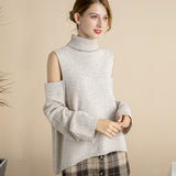 Wool off shoulder high neck knitted solid color coat - WOMONA.COM