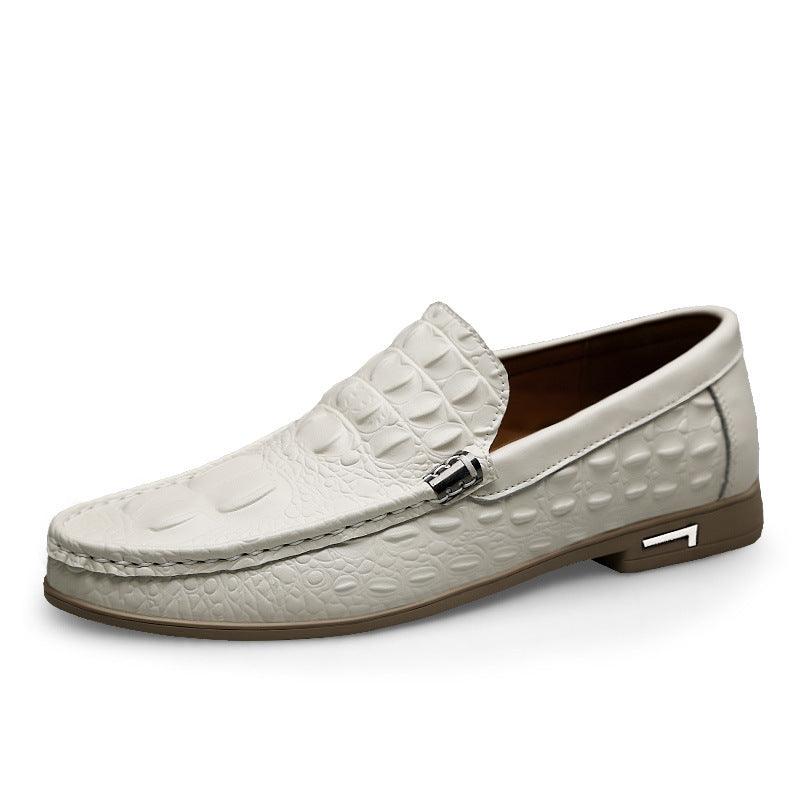 Men's white embossed leather loafers with metal buckle strap and low heel