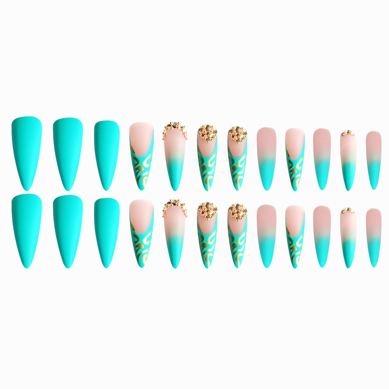 Gradient Light Green Striped Diamond Fake Nails - WOMONA.COM