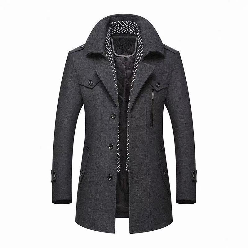 Dark gray heavy coat with hooded scarf collar, button-front, side pockets