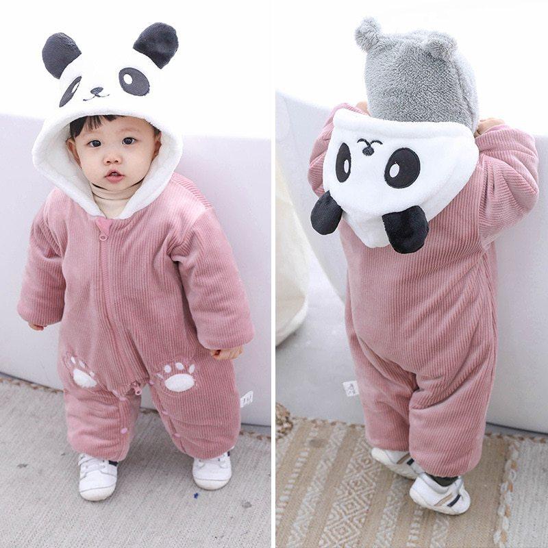 Baby winter hooded onesie in pink with panda bear face and front paw print details