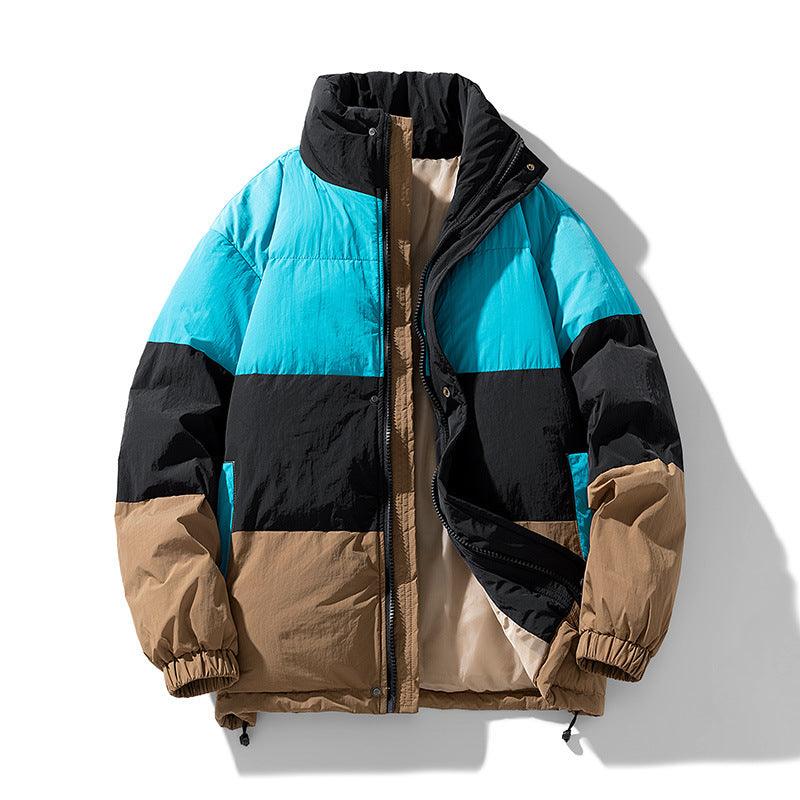Men's cotton-padded winter coat, bright blue top, black mid, beige lower panels