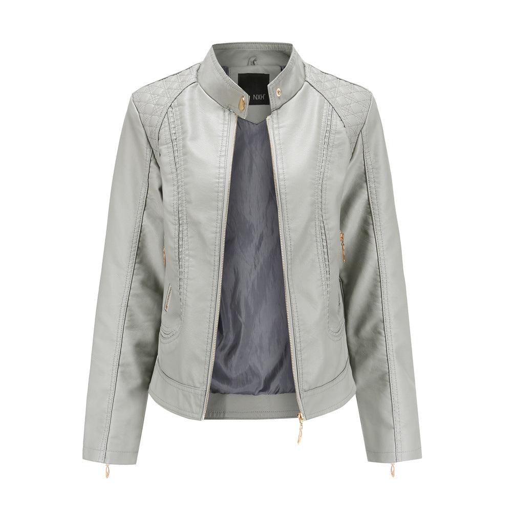 Women's stand collar PU leather jacket - WOMONA.COM