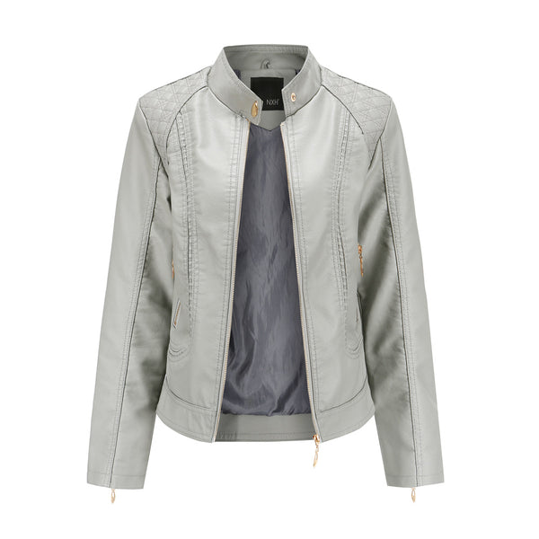Women's stand collar PU leather jacket