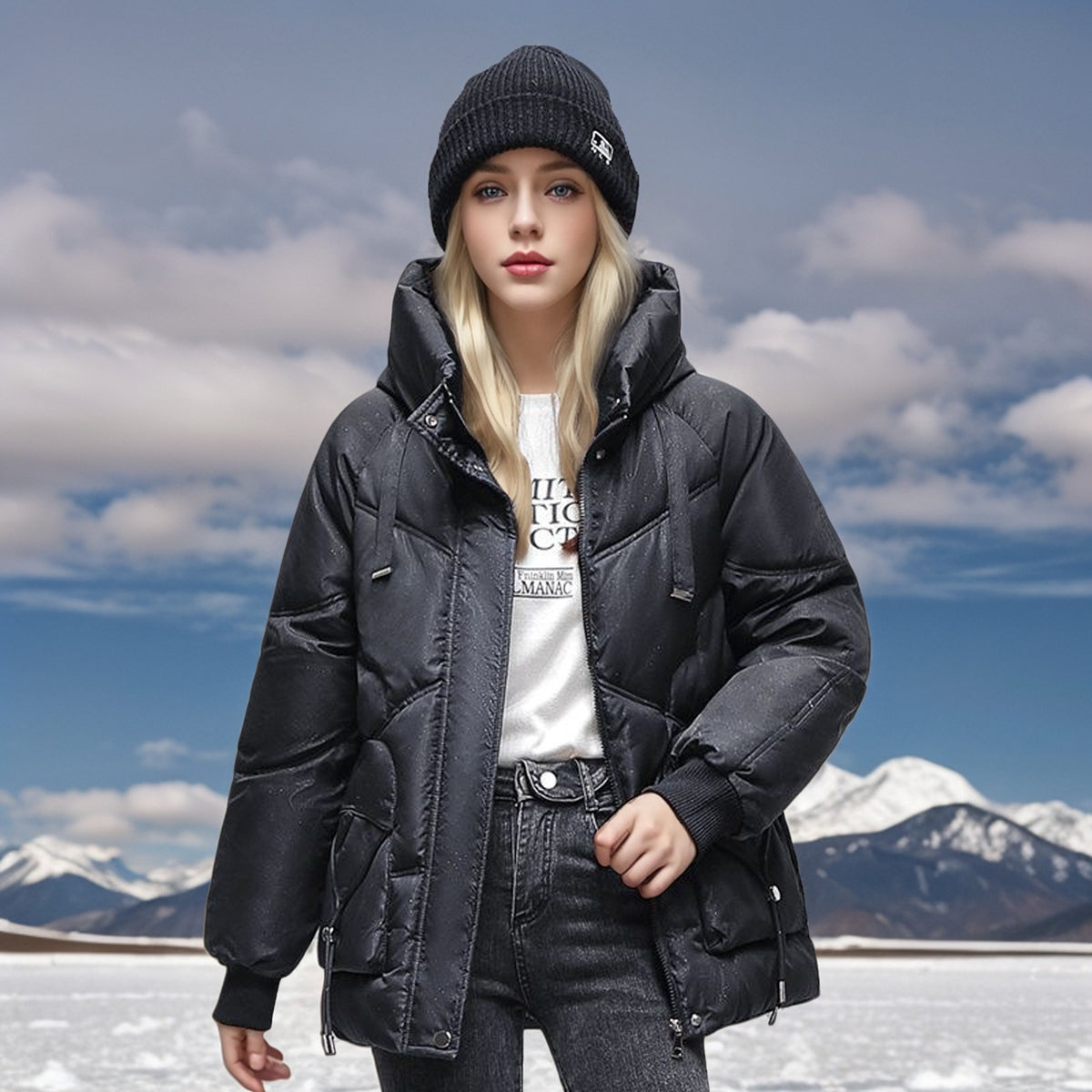 Black hooded puffer jacket with quilted panels and front zipper