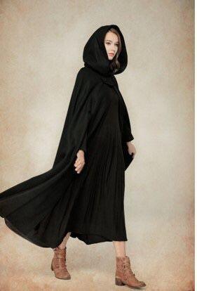 Black hooded tie shawl, long cape with cowl hood and front tie