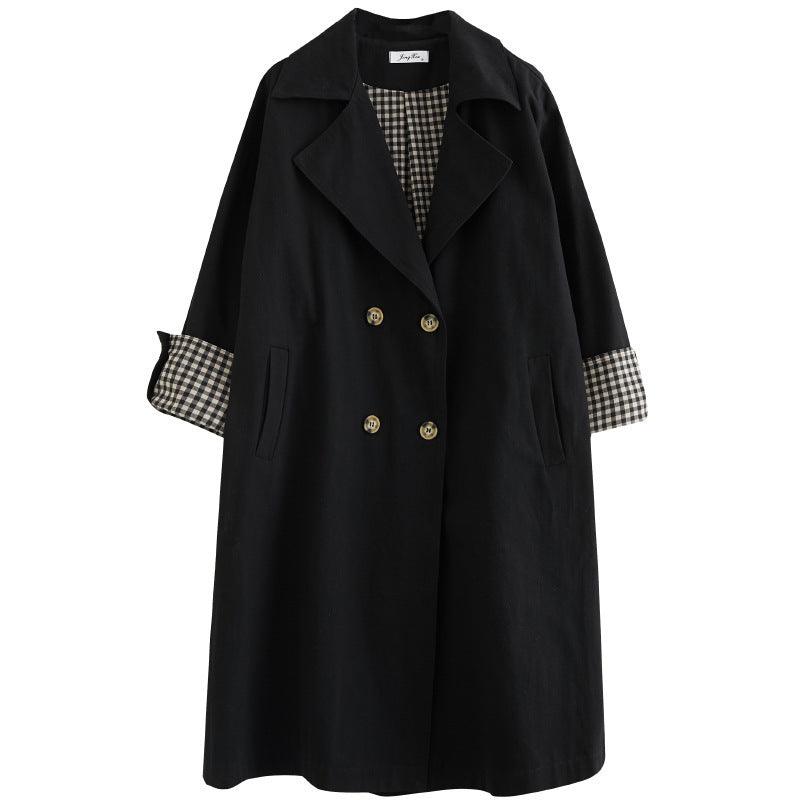 Black over-the-knee coat, double-breasted with gold buttons and check-pattern cuff panels