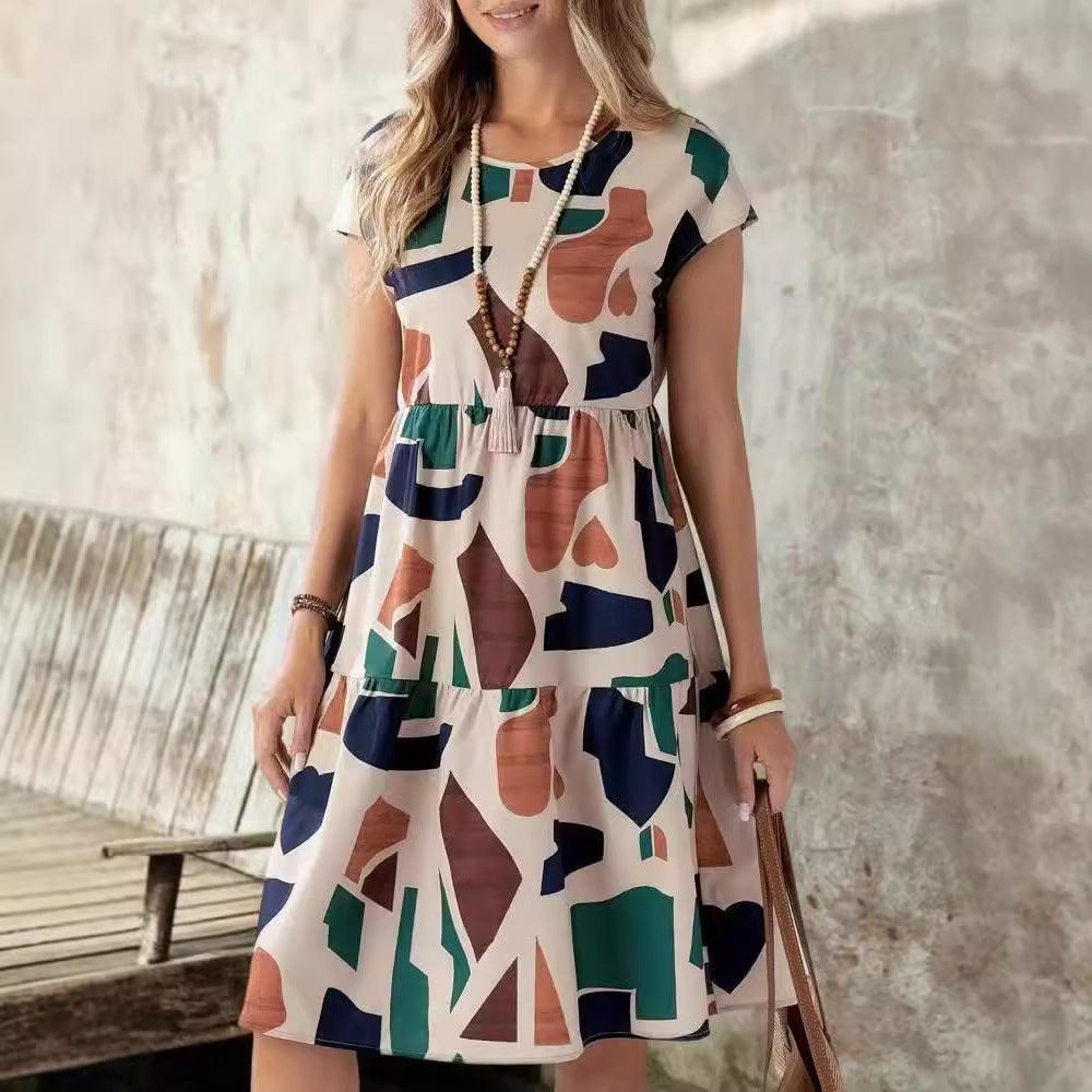 Women's multicolor geometric print midi dress, cap sleeves, round neckline, gathered waist