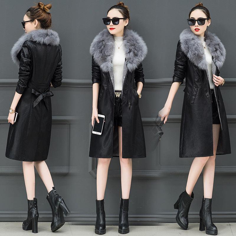 Black faux-leather fur-collar midi coat, fitted with side pockets and belt tie