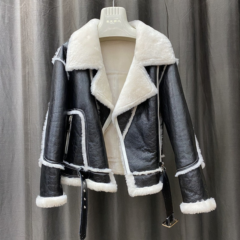 Ladies Fashion Motorcycle Fur Thermal Jacket - WOMONA.COM