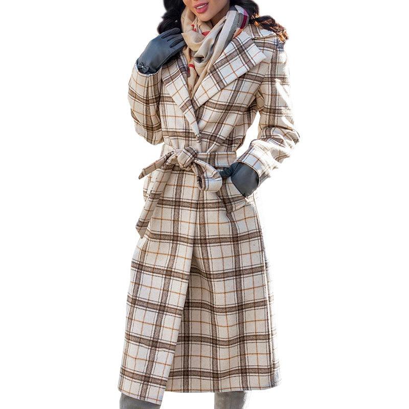 Ladies long plaid wool coat with tie belt, wide lapels, and button front