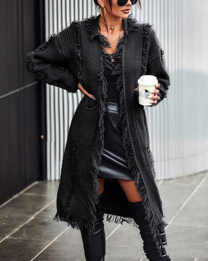 Lapel Tassel Long Knitted Coat