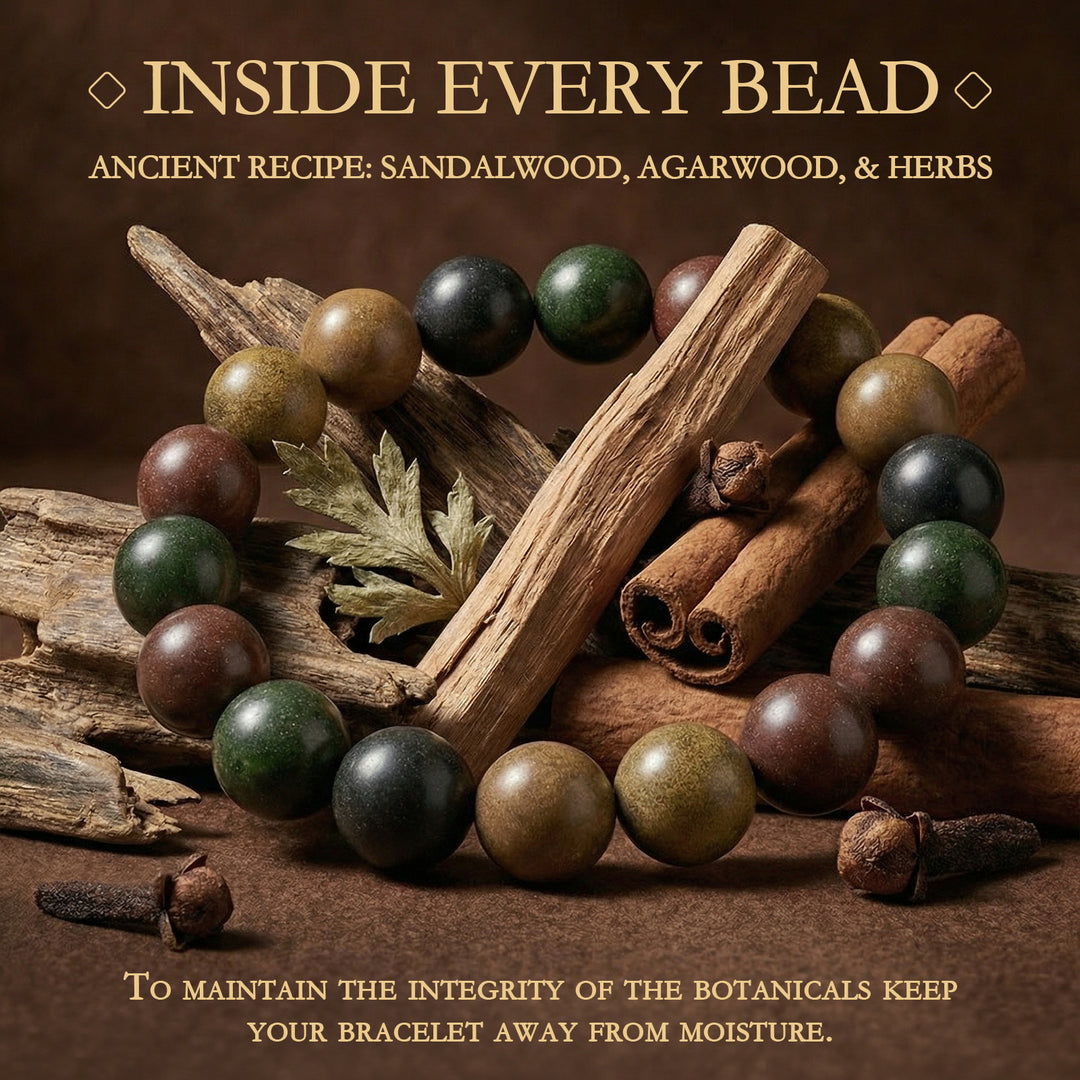 Wood-bead bracelet with round mixed-color beads in green, black, brown, and gold tones.