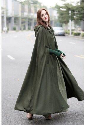 Olive green hooded tie shawl, flowing ankle-length cape with draped sides