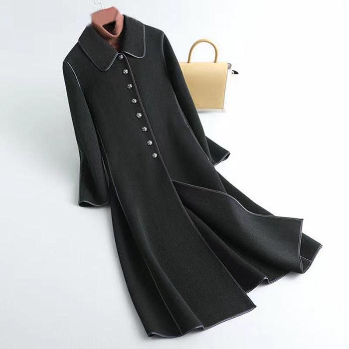 Women's long below-knee coat, black with button front and notched collar