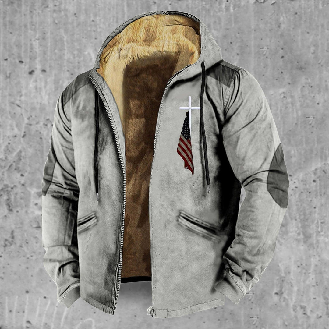 Gray hooded zip-up cotton-padded jacket with faux shearling lining and side pockets