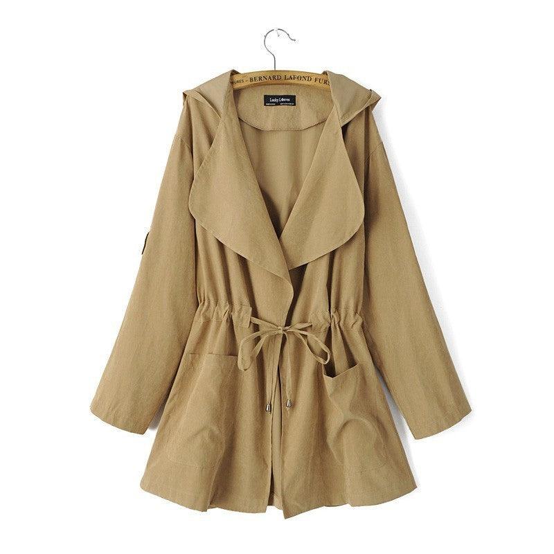 Women’s thin windbreaker in khaki beige, drawstring waist, flap pockets, long sleeves