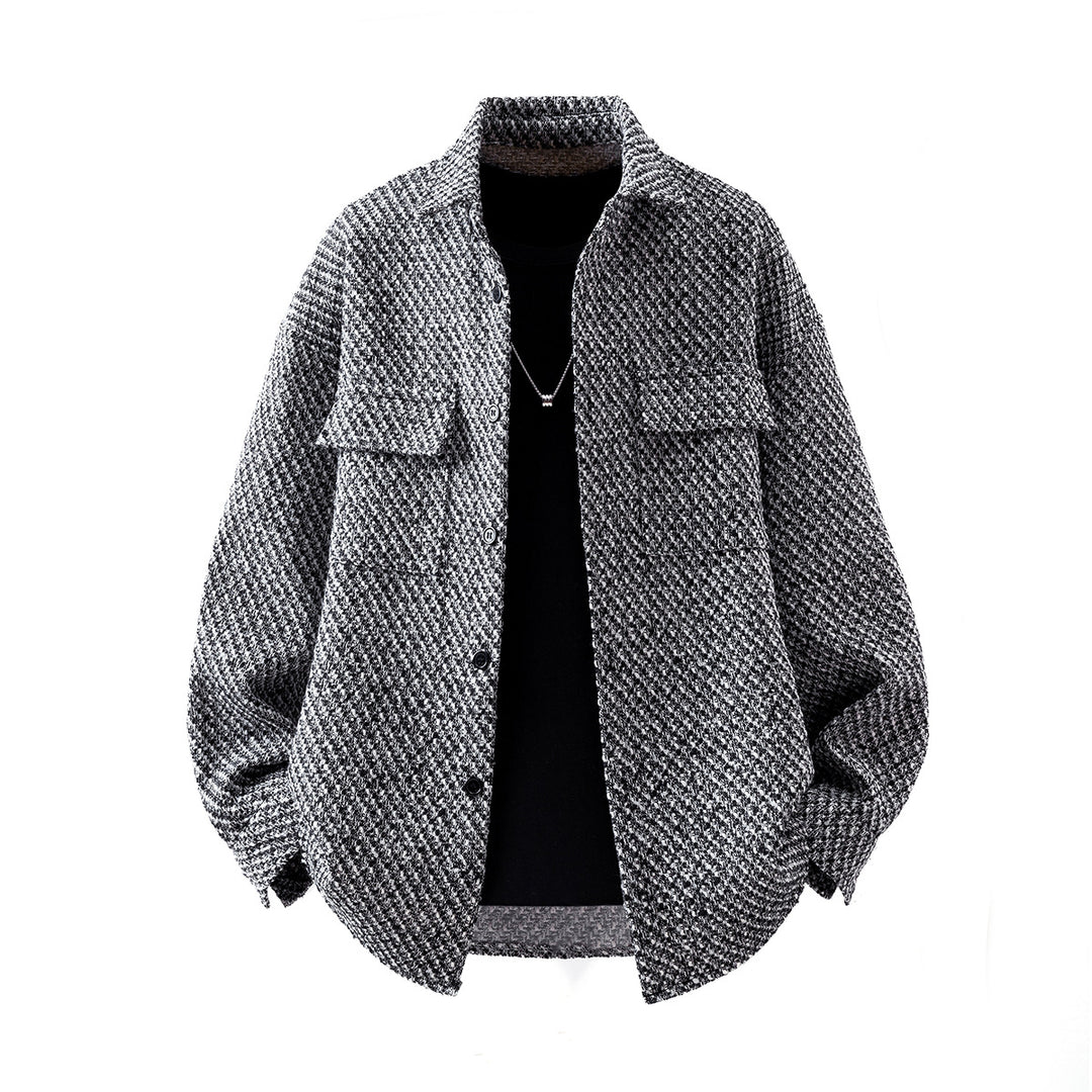 Men's houndstooth jacket with flap pockets, stand collar, and black front lining