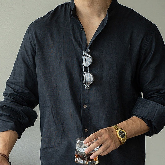 Men's midnight blue standing-collar button-up shirt with long sleeves