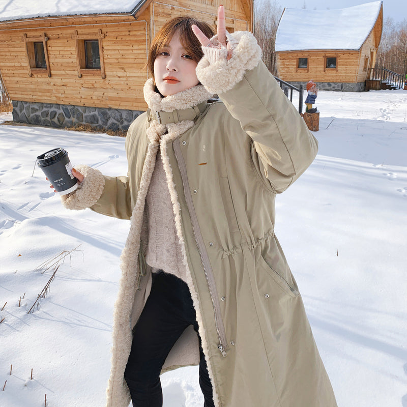 Khaki Waisted Rabbit Fur Lining Cotton Coat