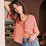 Petal V-neck Five-point Sleeve Shirt - WOMONA.COM