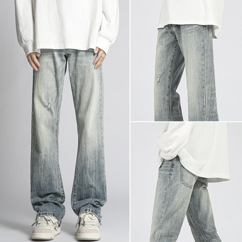 Water Washed Hole Bootcut Trousers - WOMONA.COM