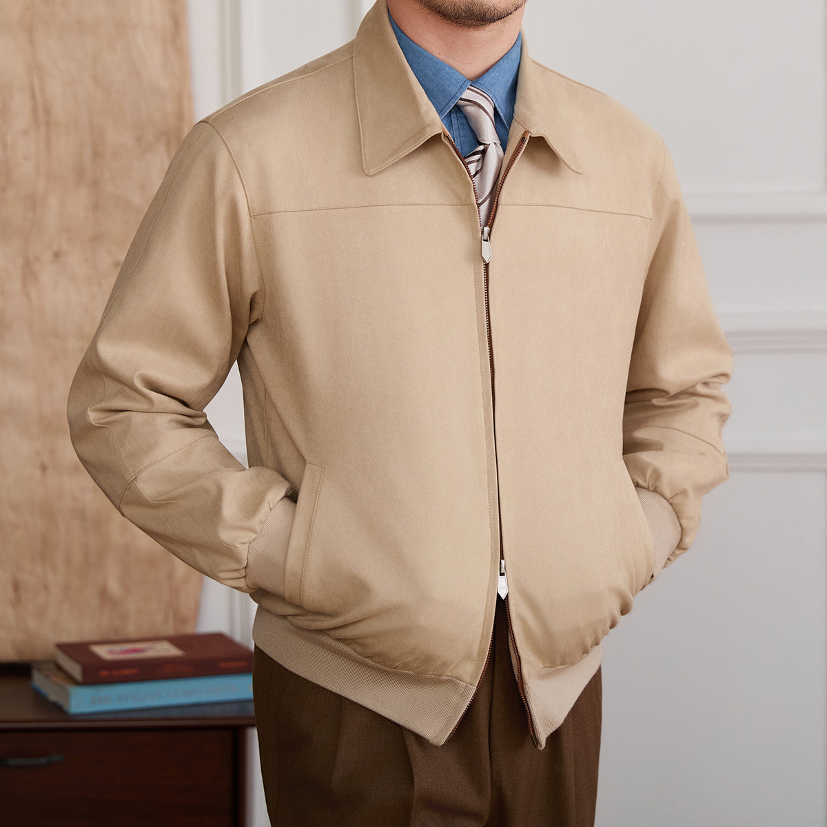 Men's Faux Suede Point-Collar Bomber Jacket, Apricot - product view 3