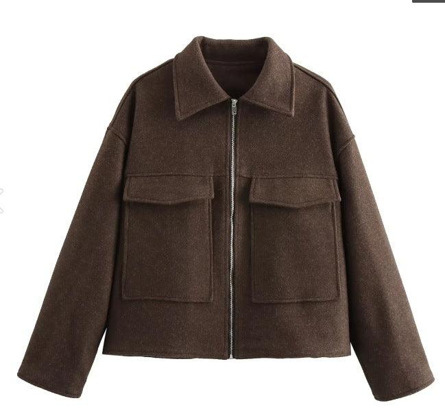 Women's polo-collar coat in dark brown, front zipper, two flap chest pockets, long sleeves