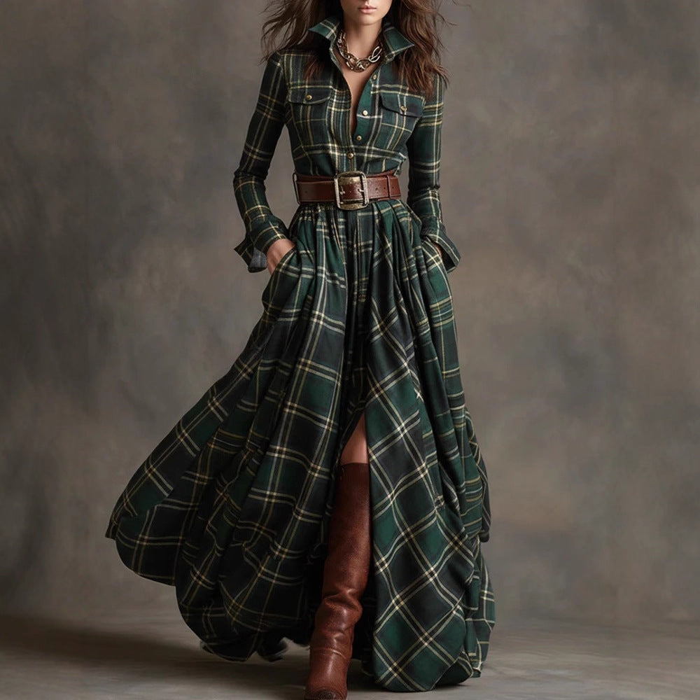 Women's plaid button-front long shirt dress