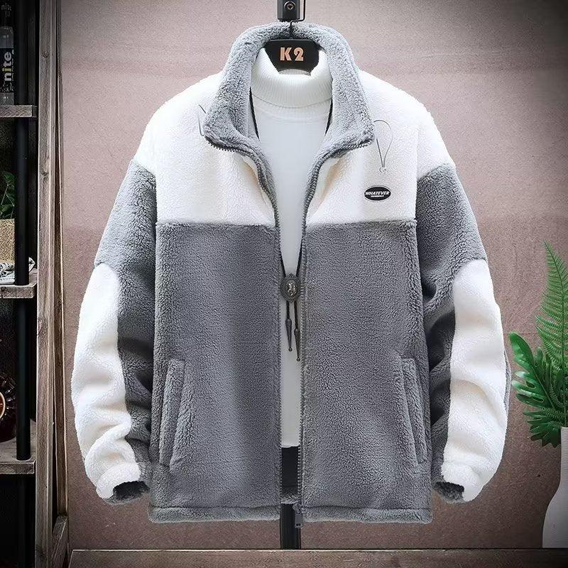Men’s padded fleece coat, zip-front, gray and white color-block with drawstring hood