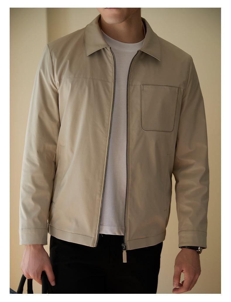 Tan zip-up casual jacket with notch lapels, front pocket, fleece lining