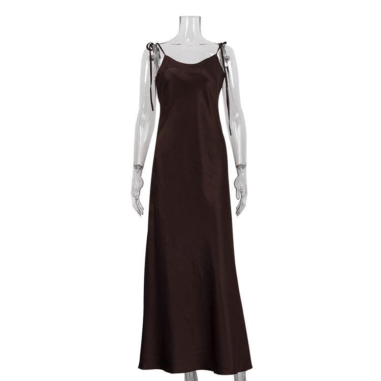 Brown satin long maxi skirt with spaghetti straps and lace-up suspender back