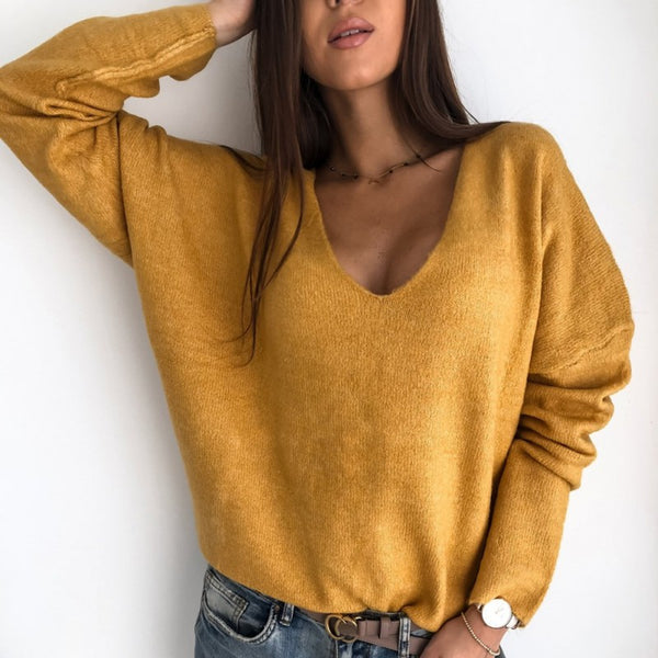 new autumn winter Women v-neck solid Sweater - WOMONA.COM