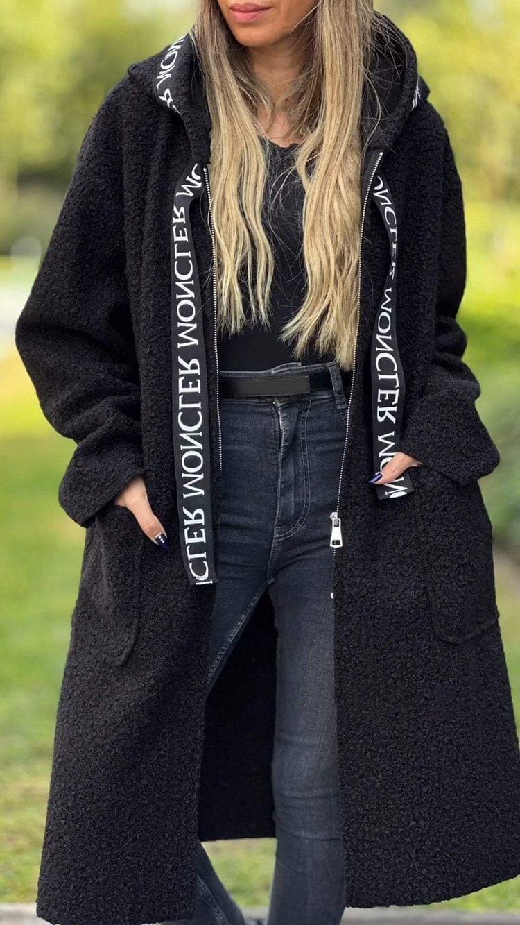 Women’s hooded lamb wool coat in dark charcoal black, with lettering-trim hood and side pockets
