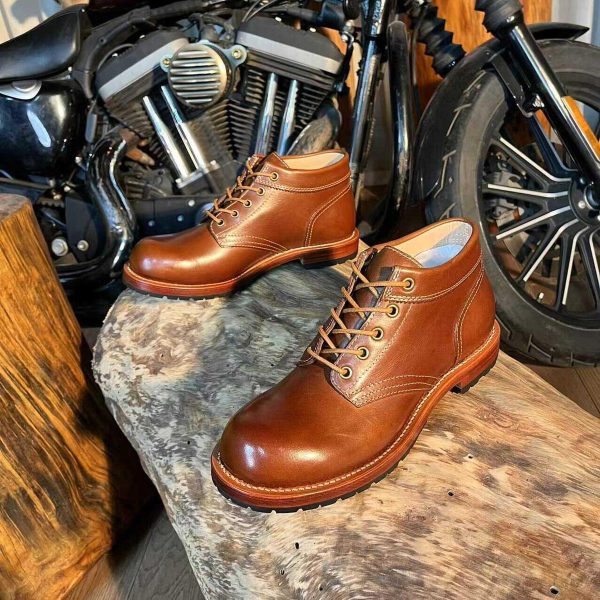 Retro GOOD YEAR Craft Black Motorcycle Handmade Boots - WOMONA.COM