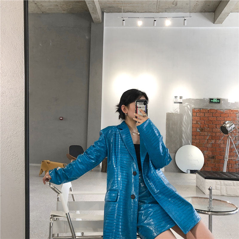 Korean blue pattern loose shoulder leather jacket - WOMONA.COM