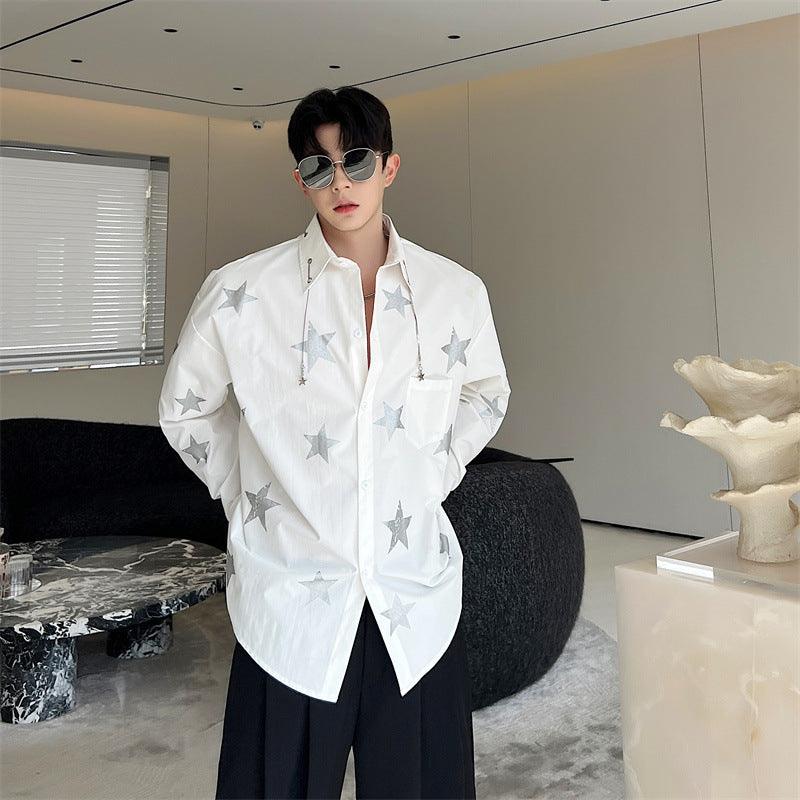 White men’s button-up shirt with long sleeves and large star print