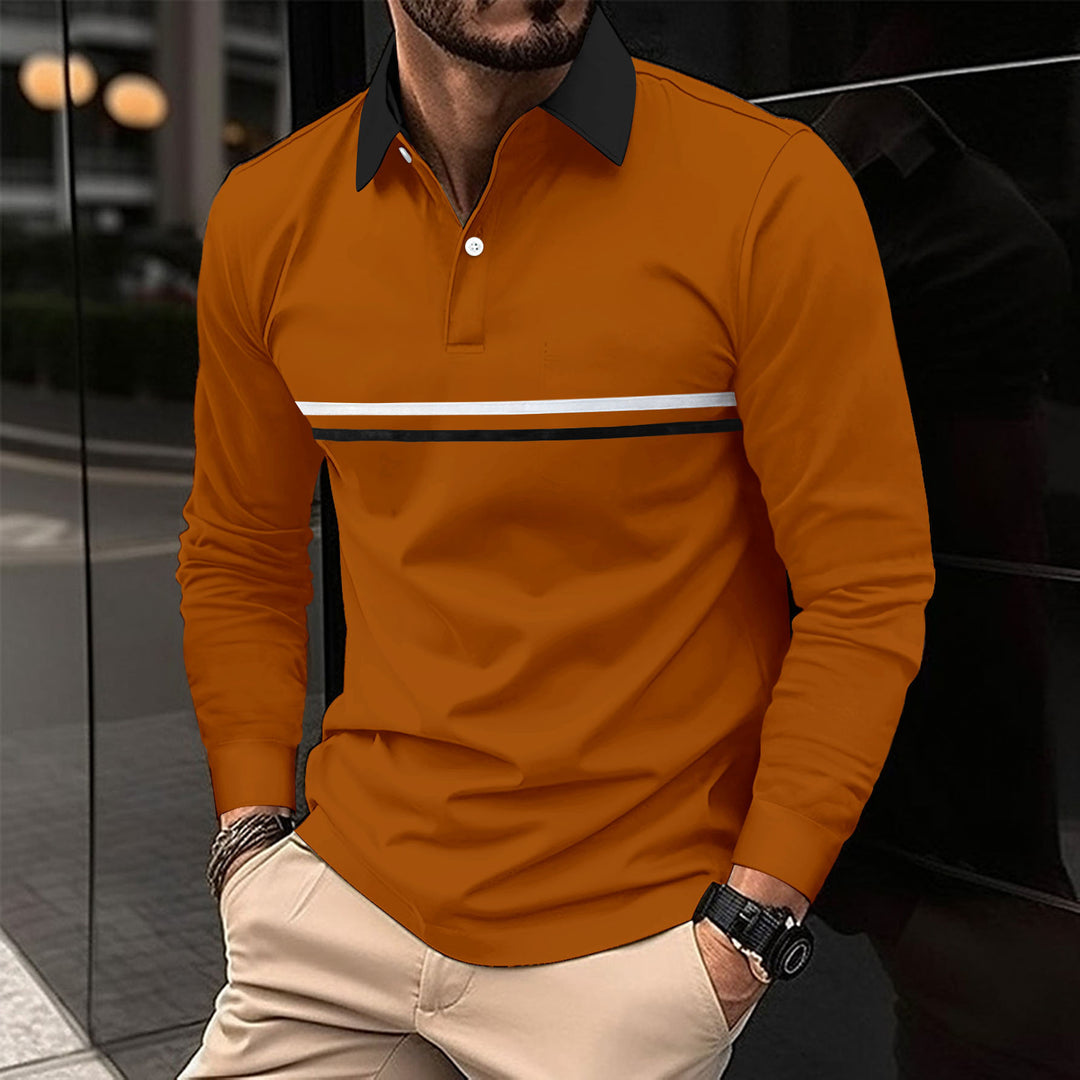Men's caramel long-sleeve sports polo shirt, contrast collar and chest stripe