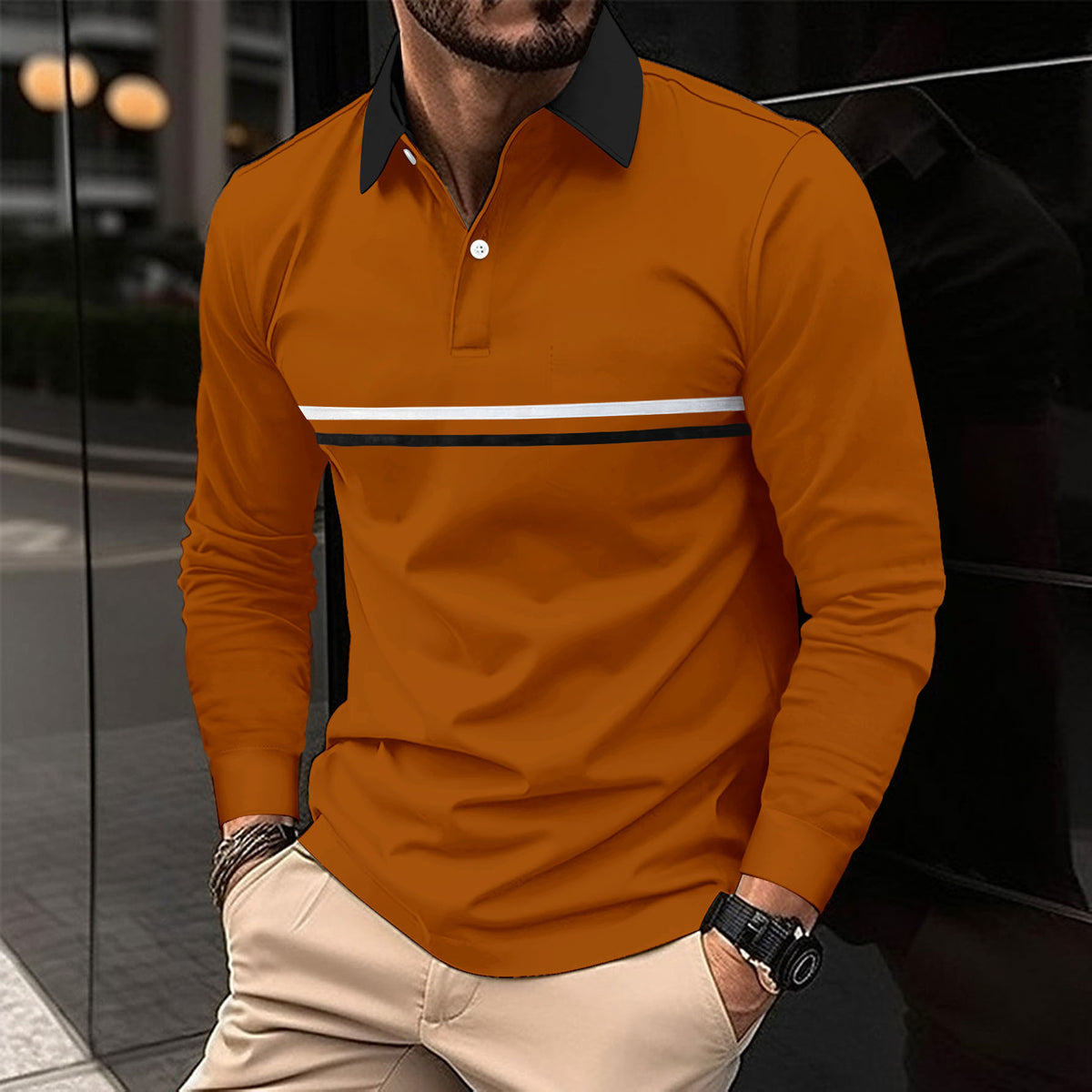 Men's caramel long-sleeve sports polo shirt, contrast collar and chest stripe