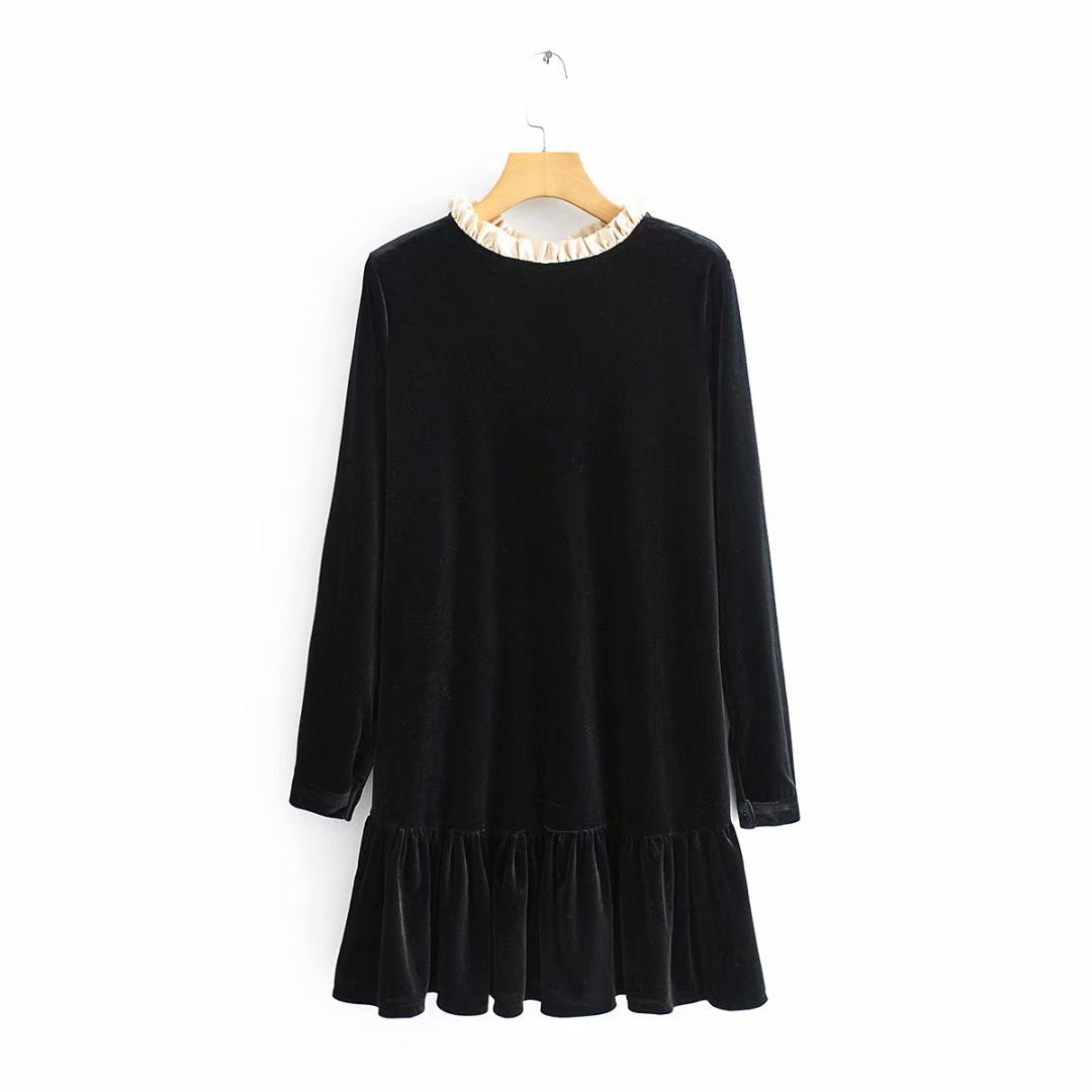 Black Contrast-Collar Velvet Mini Dress — black contrast-collar dress on hanger