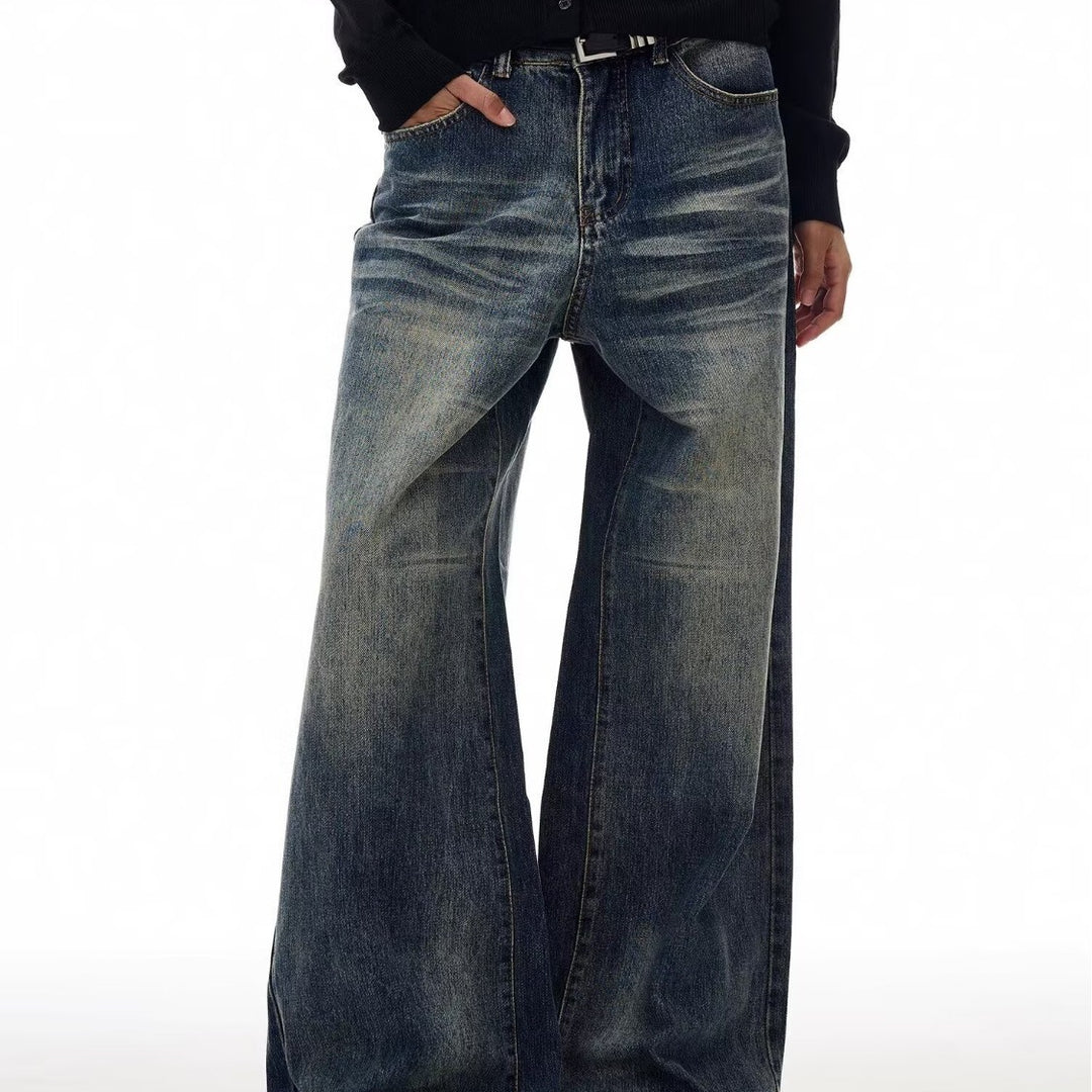 Blue straight-leg jeans with loose fit, button fly, and mid-rise waistband