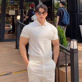 Lapel Solid Color Stretch Slim Fit Short Sleeve Fitness Suit For Men - WOMONA.COM