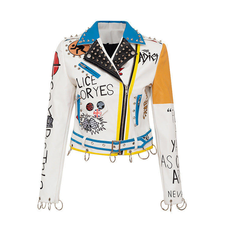 Personalized Graffiti Print Motorcycle Leather Jacket - WOMONA.COM