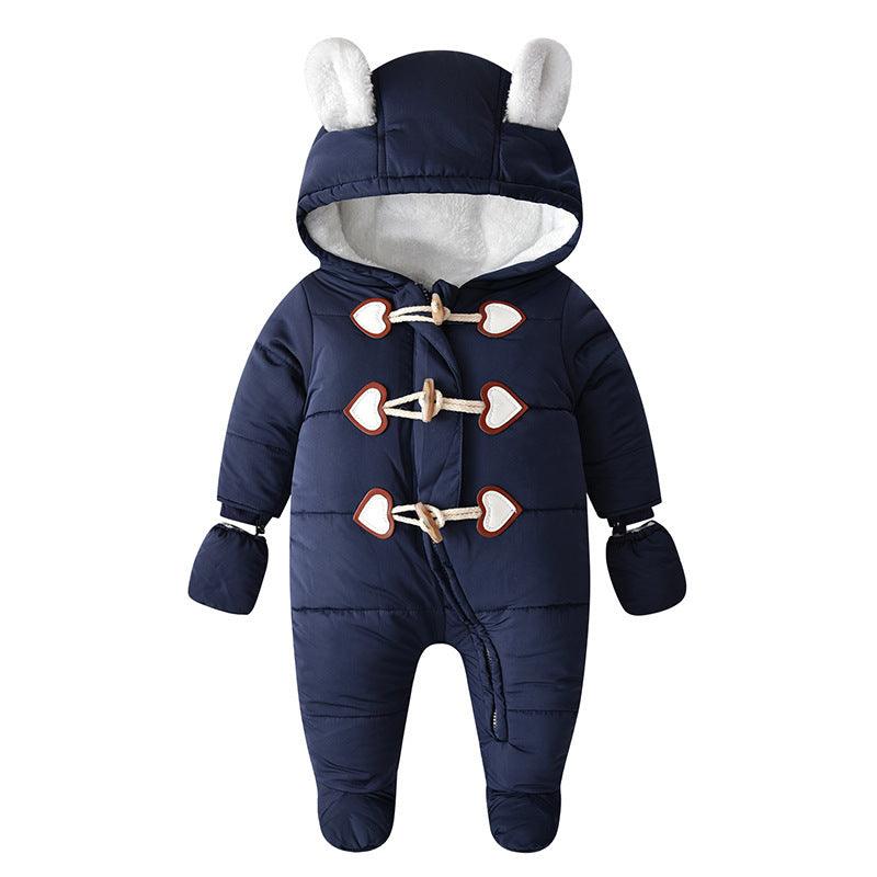 Navy hooded puffer onesie with bear-ear hood, bow toggle front and mitt cuffs.