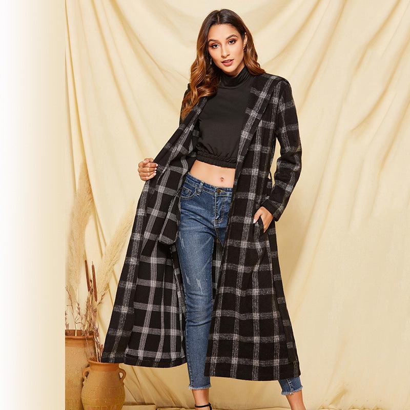 Women’s plaid wool hooded coat with belt, long sleeves, side pockets, black/gray
