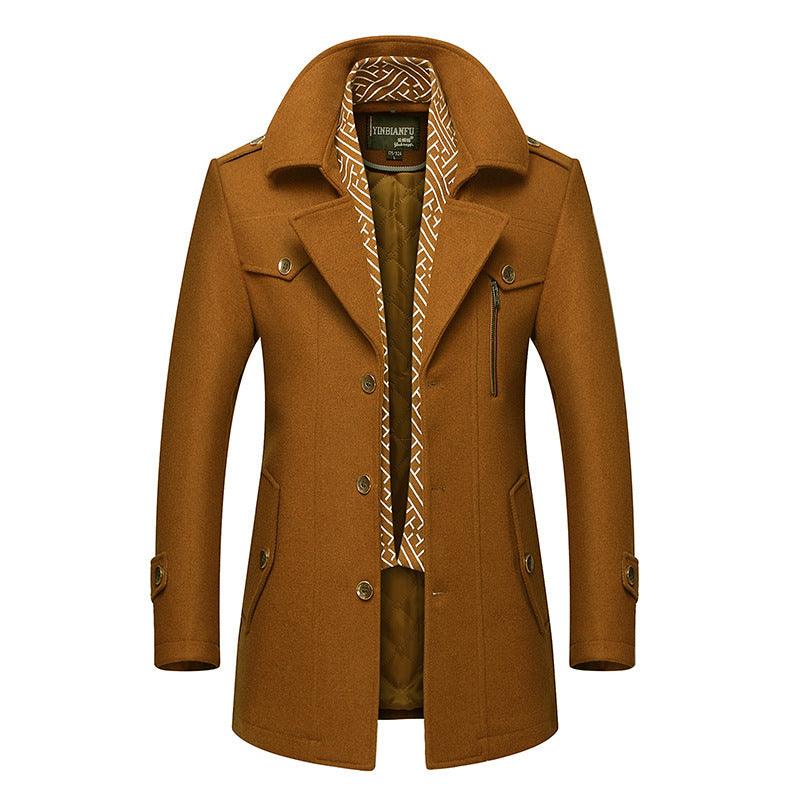 Camel padded coat with stand collar, button front, and side pockets, patterned lining.