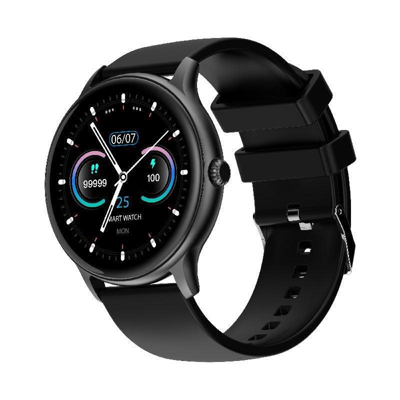 Black round smart watch with black silicone band and multicolor activity display