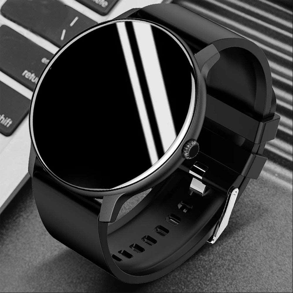 Black round smart watch with black silicone band and digital health display